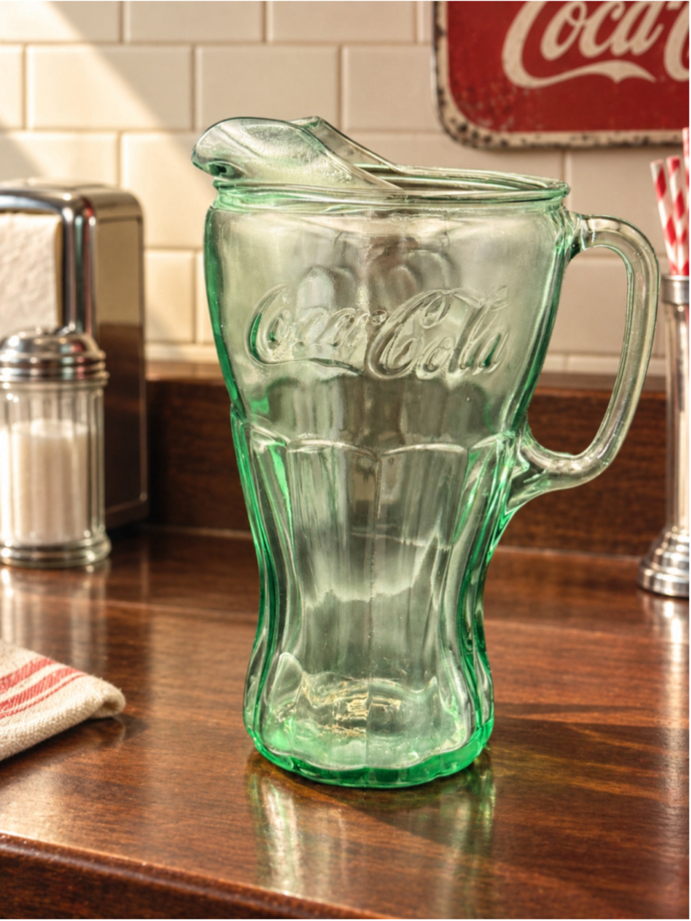 Coca-Cola Embossed Green Tint Glass Pitcher 64 oz Handle Spout 10 in
